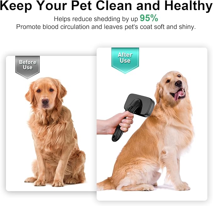 Self Cleaning Slicker Brush for Dog, Cat, Skin Friendly Shedding & Grooming Tool for Long and Short Haired Pets, Easy Clean Retractable Bristles, Black