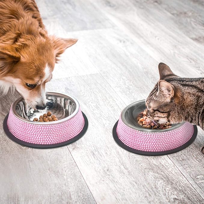 Triumilynn Rhinestone Cat Bowls Rhinestone Dog Bowls, Pink Cat Food Bowl Pink Bling Dog Bowl Stainless Steel for Small Pets Food Water Dishes-2 Pack