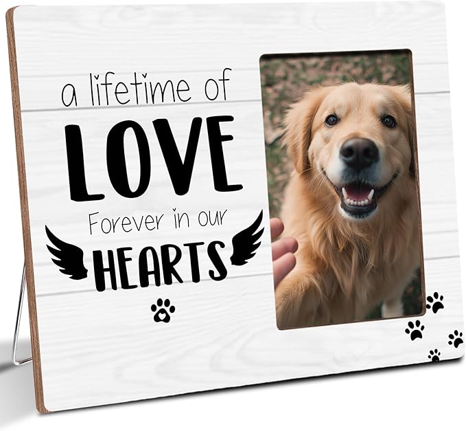 Pet Memorial Gifts for Loss of Pet, Forever In Our Heart, Dog Cat Memorial Wooden Picture Frame Sympathy Gifts, Fits 4x6 Photo Frame