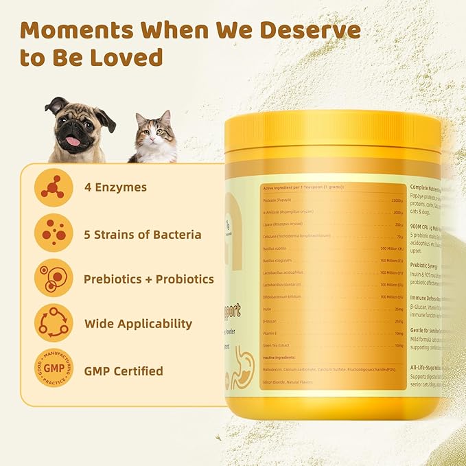Digestive Probiotics for Dog: Digestive Enzymes Plus Probiotics & Prebiotics Promote Digestion and Regulate Gut Microbiota Balance for Cats and Dogs - 8.7oz Powder