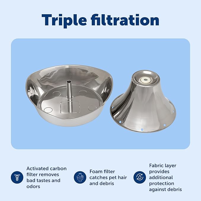 PetSafe Seaside Stainless Pet Fountain - Encourages Hydration - Dual Filtration Removes Odors - Compact Design - Rust Resistant Material - Quiet Motor -