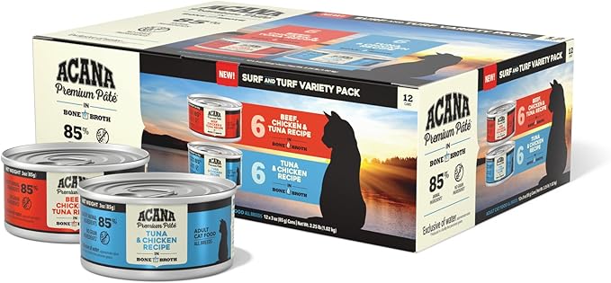 ACANA Premium Pate Wet Cat Food in Bone Broth Variety Pack: Surf and Turf – Beef Chicken & Tuna + Tuna & Chicken Recipes 3oz Cans (12 Count, 6 of Each)