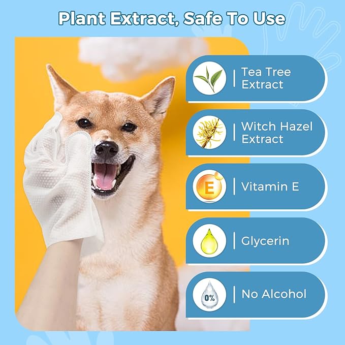 Vannon Extra Thick Pet Bathing Wipes for Dogs & Cats, Cleaning & Odor-Controlling Grooming Gloves, Nourish Fur Glove Wipes for Daily Care and Traveling, Rinse Free, Unscented, 3 Pack, 18 PCS