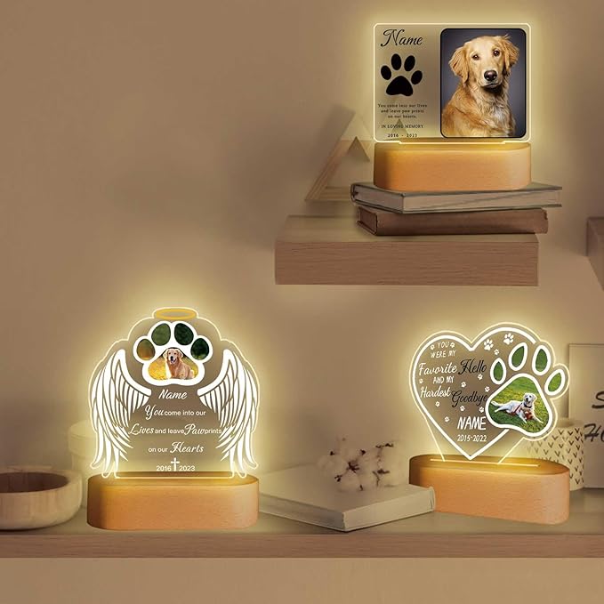 Custom Pet Memorial Night Light Gift Personalized Dog Cat Acrylic Plaque Photo Frame Sympathy Gift Condolence Gifts with Picture Name Date(Dog Paw Wing), 5.9x5.9in/7.8x7.8in
