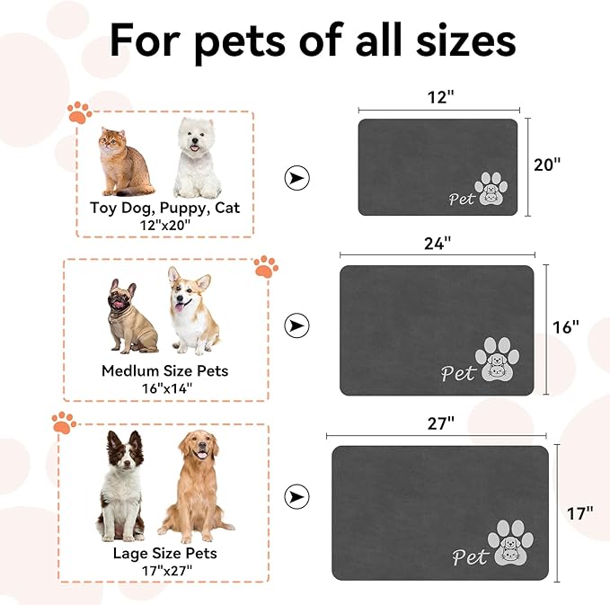 Dog Cat Feeding Mat-Absorbent Pet Bowl Mat for Food and Water, Quick Dry Water Dispenser Mat for Floors with Waterproof Rubber Backing, Puppy Cat Placemat Mats for Messy Drinkers,16"x24",Dark Grey
