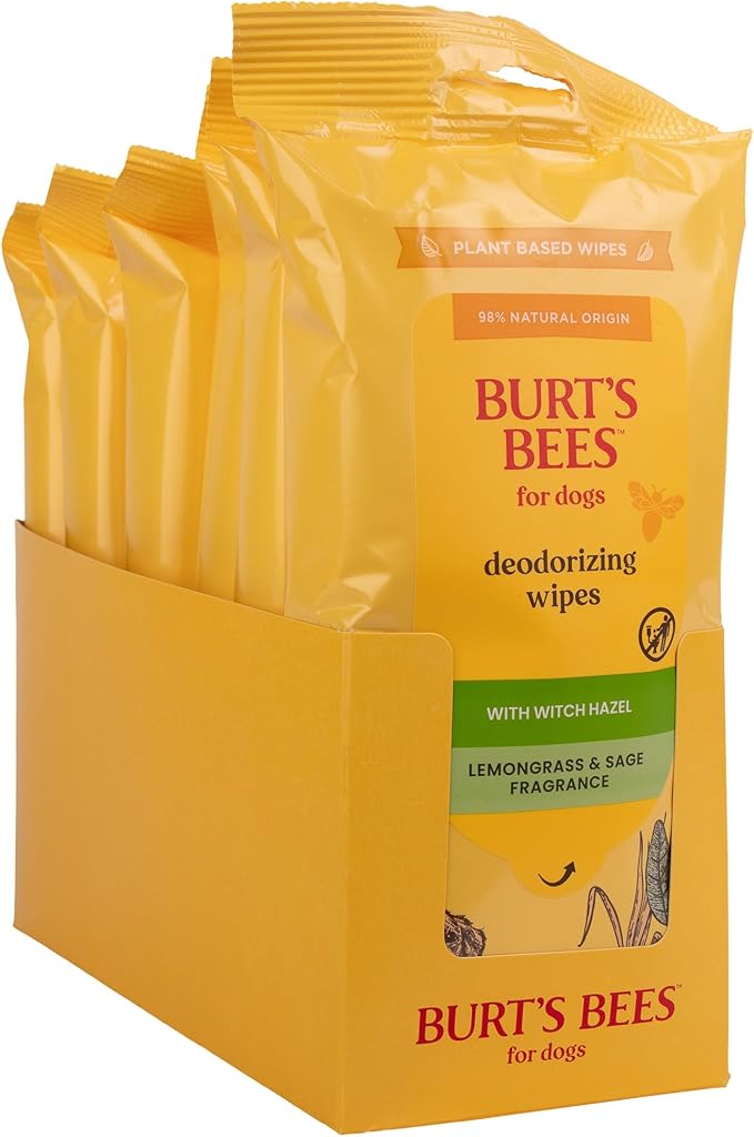 Burt's Bees for Pets Deodorizing Wipes with Witch Hazel, 95% Natural Origin Formulas, Odor Control Dog Wipes - Gentle Dog Deodorizing Wipes, Lemongrass and Sage Fragrance 50ct
