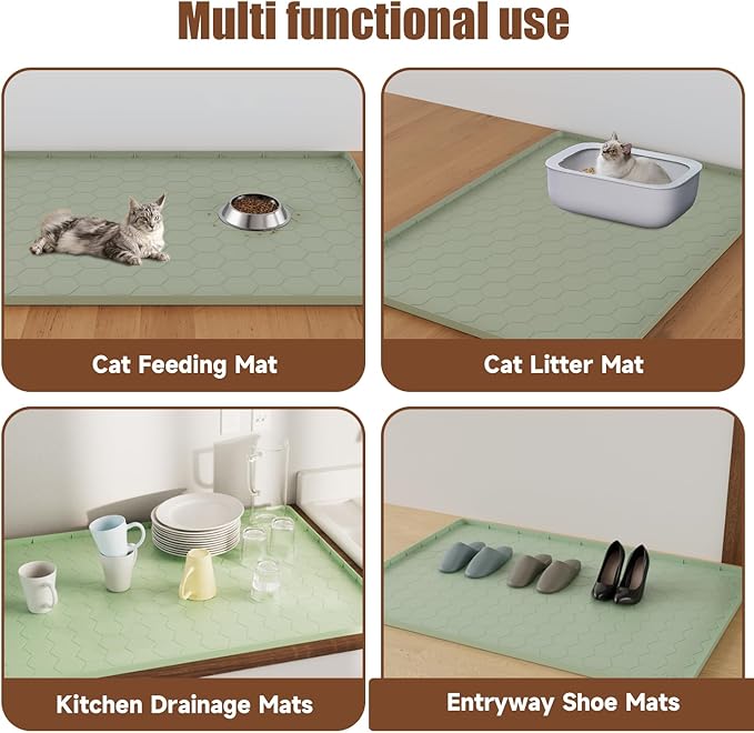 Pawinner Cat Mat for Litter Box, 40" X 28" Large Silicone Cat Litter Trapping Mat, Waterproof Cat Litter Mat, Soft on Kitty Paws, Urine-Proof, Non-Slip Kitty Scratch Pad for Floor(Green)