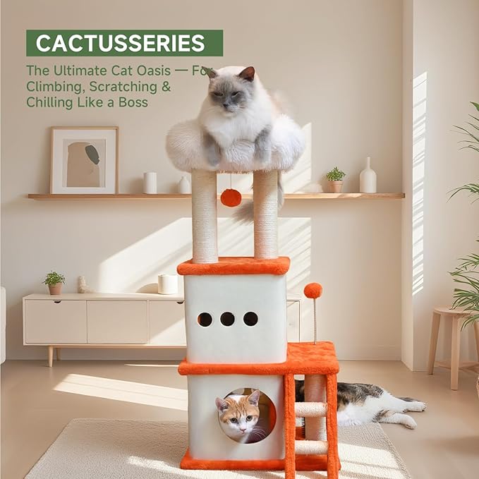 37.4-inch Cat Tree, Cat Tree Tower with Twin Cat Condos for Indoor Cats, Plush Cat House with Padded Perch, Scratching Ladder and Posts and Plush Balls for Kitty Play, Orange