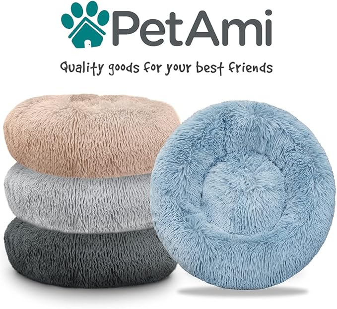 PetAmi Calming Dog Bed for Small & Medium Dogs and Cats, 23 Round Donut Dog Bed, Washable Fluffy Faux Fur Puppy & Cat Bed, Anti-Anxiety Plush Cuddler Pet Bed with Anti-Slip Bottom - Light Gray
