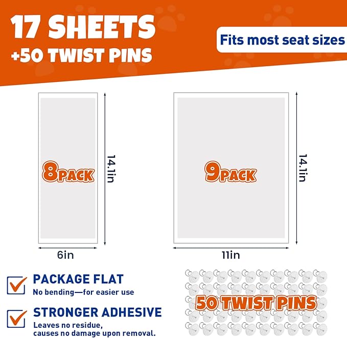 17Pack- Anti Cat Scratch Furniture Protector, Clear Couch Protector from Cat Claws, Pet Deterrent for Sofa Wall Door Bed, Single Sided Self Adhesive Easy Apply, Heavy Duty- with 50 Twist Pins