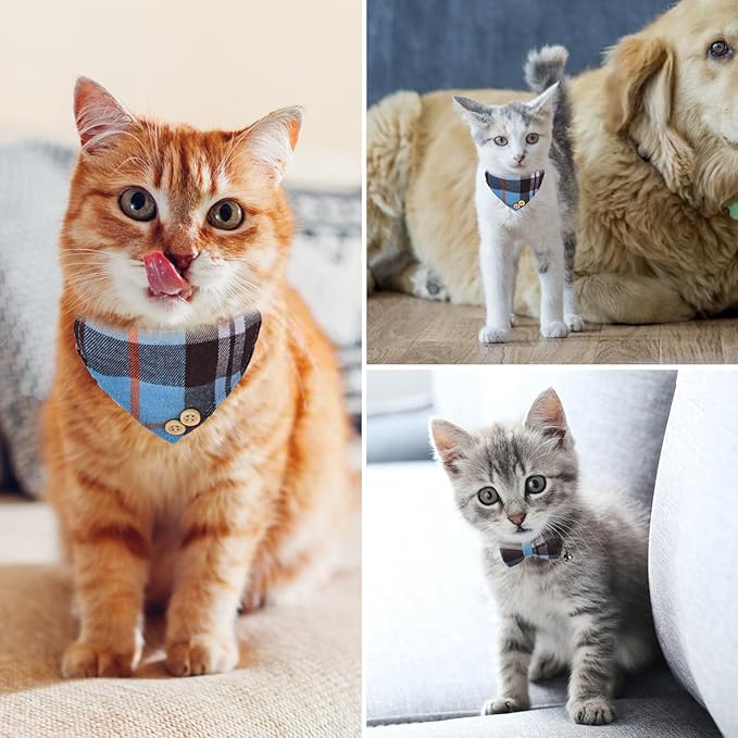 Mini Cat Bandana, Cat Tie Collar, Cats Bandana Collar with Bells and Bowtie, Kitten Bow Tie with Safety Buckle Adjustable Size for Small Cats Boys or Girls, Blue (2 pcs)