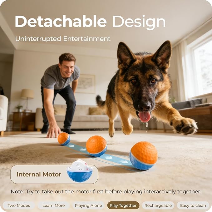 Apasiri Interactive Dog Toys: Duraspin Dog Ball with LED Lights, Automatic Moving Dog Toys for Aggressive Chewers, Dog Toys for Large Dogs, Vibrating Dog Toy Balls for Small, Medium (3.74 in Diameter)