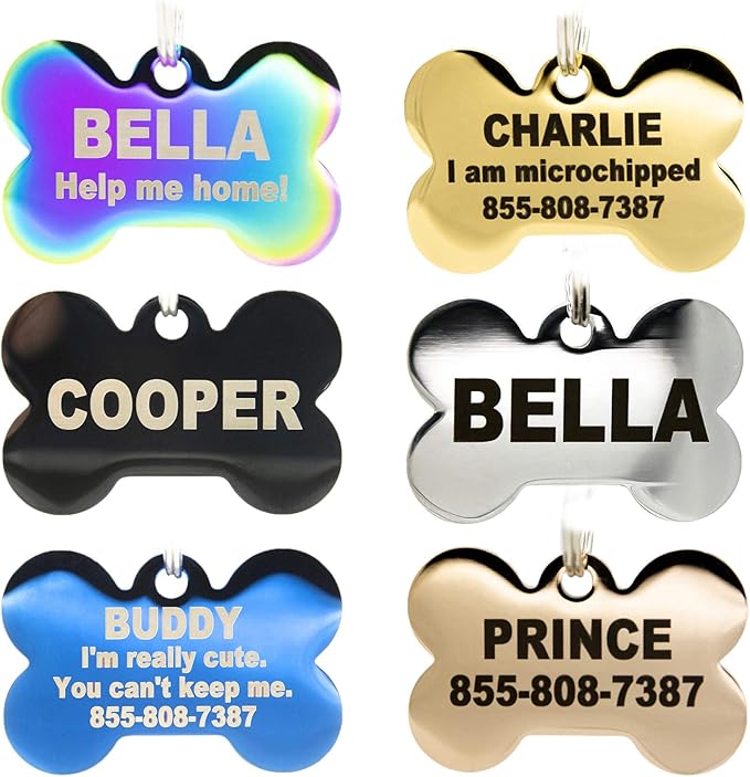 Engraved Dog Tags Personalized - Stainless Steel Engraved Dog Cat ID Tags Front & Back up to 8 Lines of Text Color Plating Gold, Rose Gold, Blue, Black, Nebula Bone Small