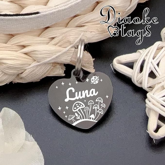Personalized Dog Tags, Stainless Steel Pet Tags Personalized Cat, Collar Charm Engraved on Both Sides, up to 4 Lines of Custom Text, Multiple Patterns Colors Size Options (Mushroom, Large)