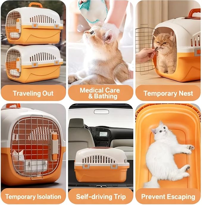 Hard Top Load Cat Carrier,Airline Pet Carrier,Cat Carrier Hard Shell, 360° Ventilation, Front Metal Door, Secure Latches,Includes Feather Wand,Hiking Car Travel Crate for Cats Small Dogs (Orange Set)