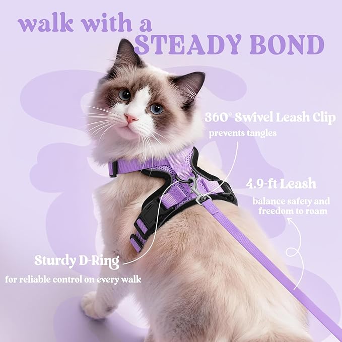 rabbitgoo Cat Harness and Leash for Walking, Escape Proof Soft Adjustable Vest Harnesses for Cats, Easy Control Breathable Reflective Strips Jacket, Light Purple, XS