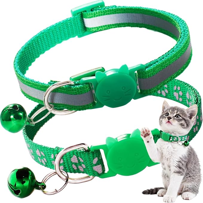 2 Pack Cat Collar with Bells, Claw Print Reflective Kitten Collars Breakaway Safety Buckle Adjustable for Girl and Boy Kitty Pets, Green