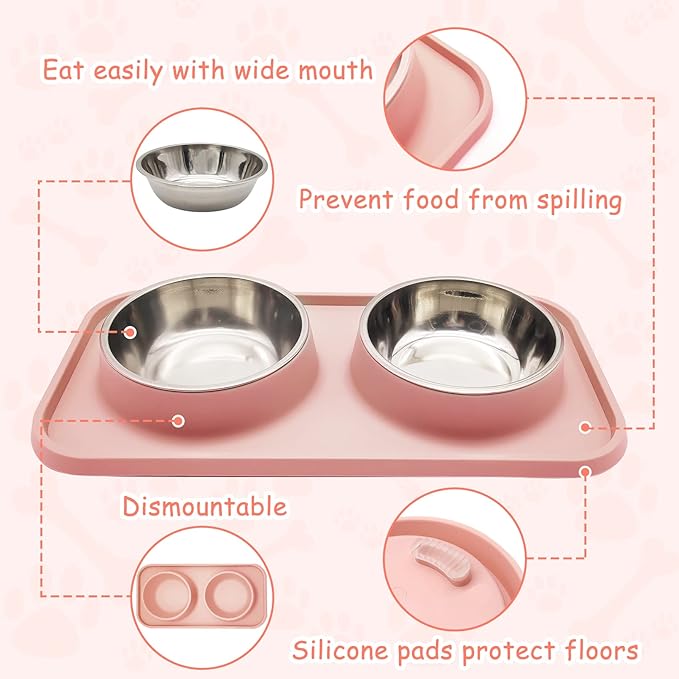 BNOSDM Double Dog Food Bowls Stainless Steel Dog Food and Water Bowls with Non-Spill Plastic Mat Pet Cat Feeder Bowl Set for Puppy Cats Kitten Small Dogs, Dark Green