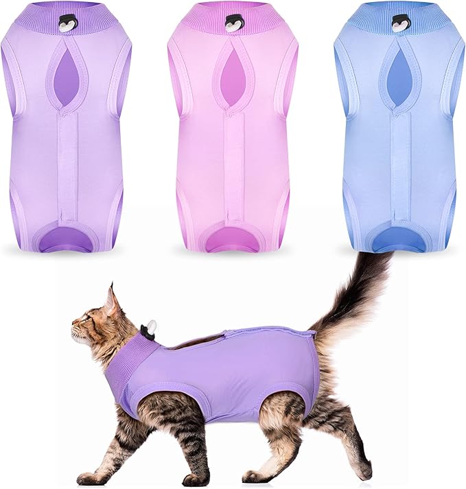 Nuanchu 3 Pieces Cat Recovery Suit Kitten Recovery Suit E-Collar Alternative for Cats and Dogs Abdominal Skin Anti Licking Pajama Clothes Sets(Small,Solid Style,Purple Pink Blue)