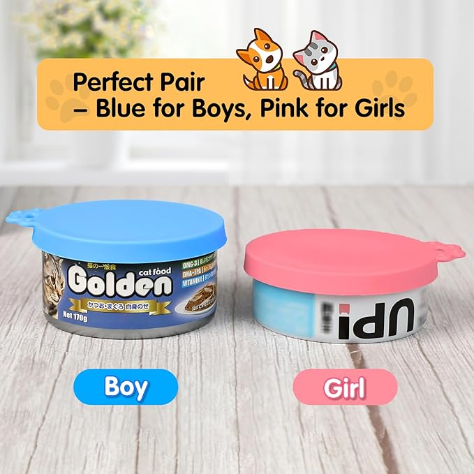 Lydia’s Deal Pet Food Can Covers 2-Pack, Thick Silicone Universal Can Lids for Dog & Cat Food, Fits 3oz/5.5oz/12oz, Airtight Seal, Durable & Dishwasher Safe, Easy Grip with Spoon (Blue & Orange)