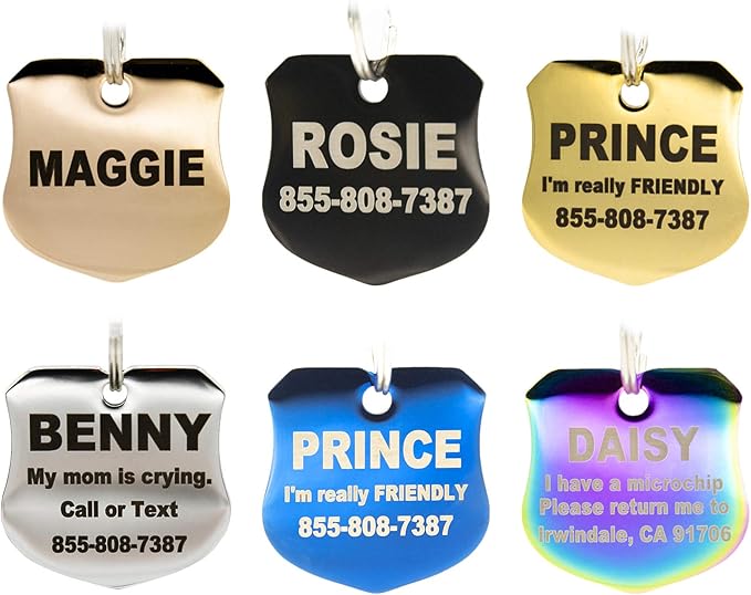 Engraved Dog Tags Personalized - Stainless Steel Engraved Dog Cat ID Tags Front & Back up to 8 Lines of Text Color Plating Gold, Rose Gold, Blue, Black, Nebula Badge Small