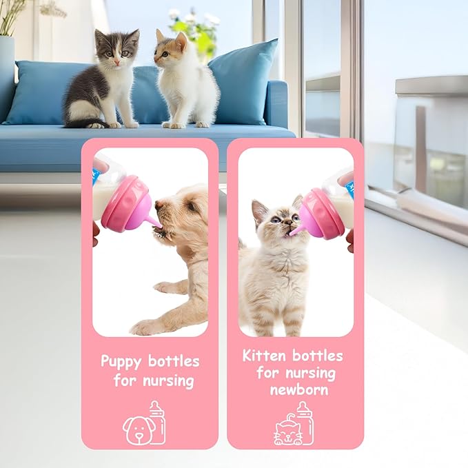 Pet Nursing Bottle Kit for Kitten Puppy,60mlCat Bottle Feeding Kit Nipple Kittens Syringe for Small Cat Dog Newborn Kitten Puppys Rabbits Squirrel Animals (Pink)