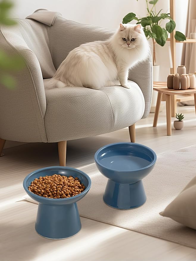 LoeJan Elevated Cat Food and Water Bowls Set, Extra Wide and Raised Ceramic Feeder, Anti-Vomit Whisker-Free Pressure Feeding Bowl for Kittens Adult Small Dogs (Deep Blue)