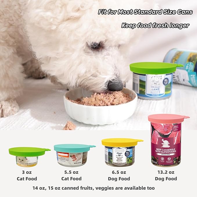 MoPawKT- 6 pcs Silicone Cat/Dog Food Can Covers Lids, Universal 3 Sizes Fit for 3oz, 5.5oz, 6.5oz, 13oz, 13.2oz Pet Food Cans, BPA Free, Reusable (set of 6 lids)