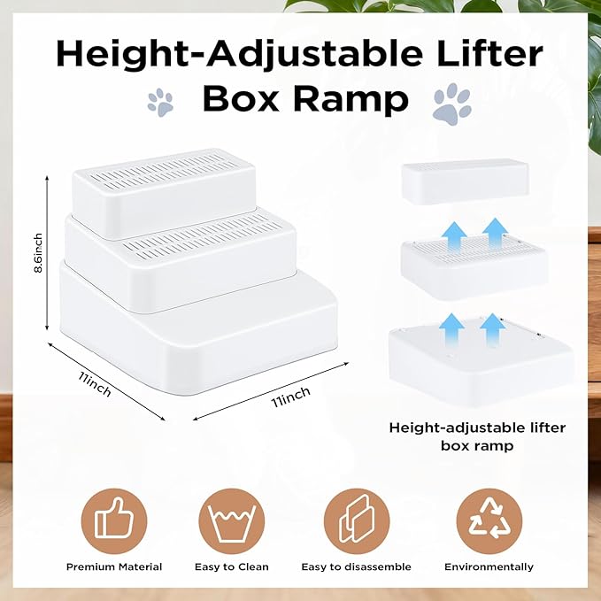 Adjustable 3 Steps Litter Box Ramp, Cat Ramp for Litter Box with Litter Trapper, Litter Box Step for Small & Elderly Cats, Fits Automatic Litter Boxes (White)