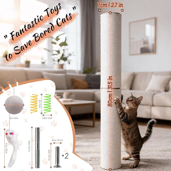 Cat Scratching Post Replacement Pole, 15.75" H, Sisal Pole Replacement Cat Tree Post Indoor, Small Size, with M8 Screws Beige (1PCS)