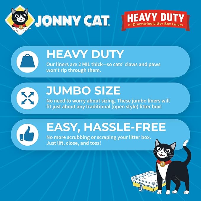 Jonny Cat Litter Box Liners: Heavy Duty - Tear & Leak Resistant - Drawstring Close - Jumbo, 30 Count