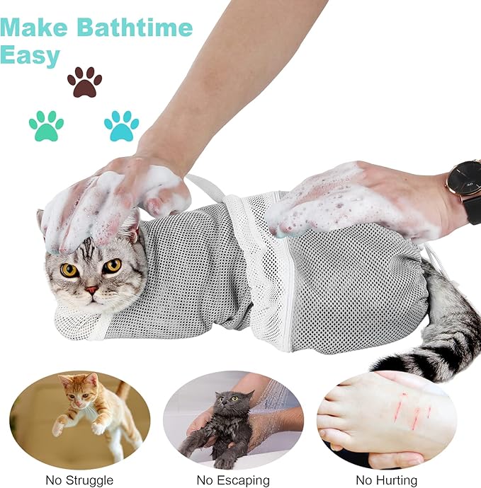 Cat Bag for Bathing Set with Grooming Washing Bag Adjustable Pet Shower Brush - Cat Bathing Mesh Bag Anti Scratch Anti Bite Soft Durable for Cats & Dogs Restraint Grooming Nail Trimming Washing