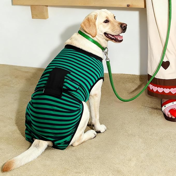 Recovery Suit for Dogs Cats After Surgery, E-Collar & Cone Alternative Surgical Suit, Prevent Licking Dog Onesies Pet Surgery Recovery Suit Soft Dog Bodysuit, Green Navy Stripes, XL