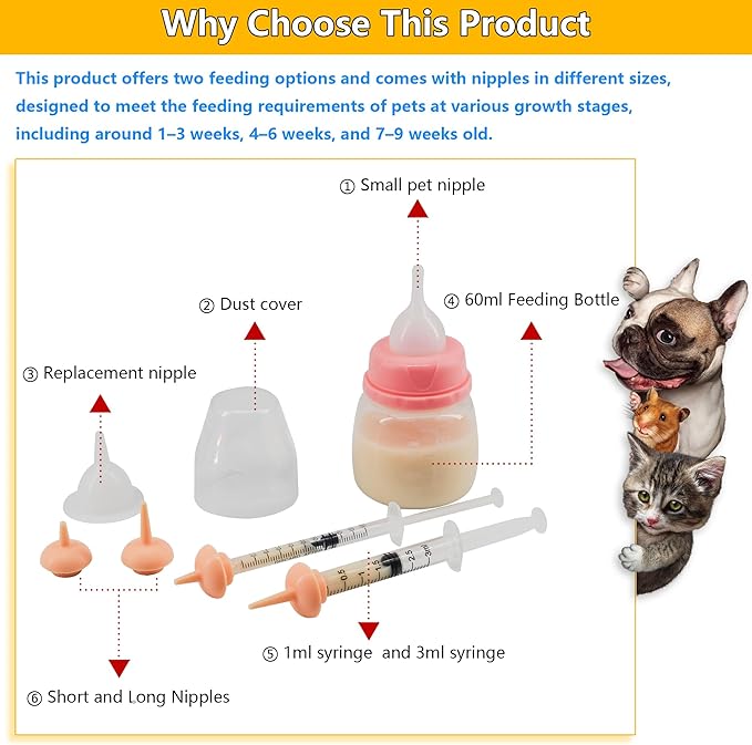 Pet Feeding Bottle and Syringe Set for Puppies and Kittens(1 Bottles,2 Syringes,6 Nipples) Pink
