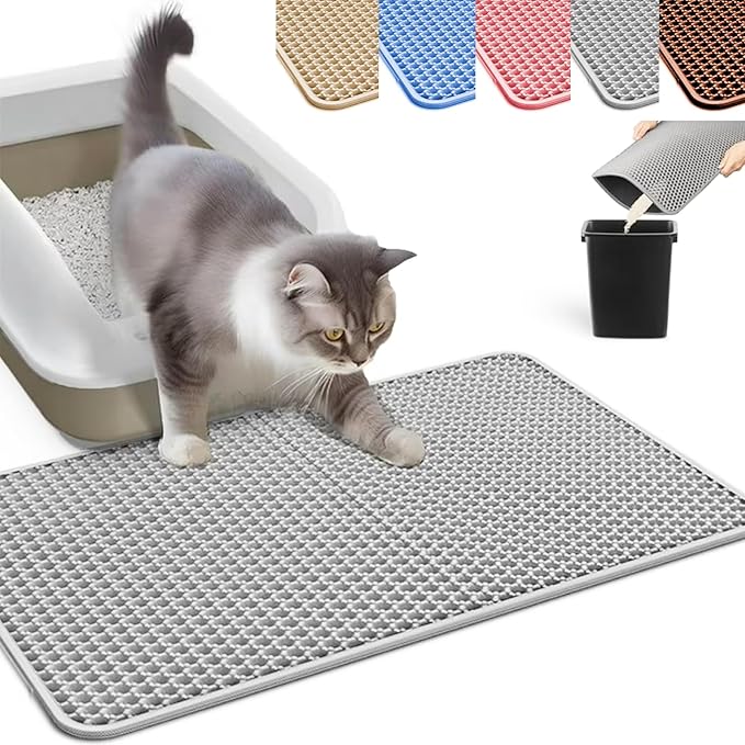 HCY&WLD Cat Litter Mat, Honeycomb Double Layer Cat Litter Trapping Mat, Waterproof Urine Proof Non-Slip, Scatter Control, Less Waste, Easier to Clean (Light Gray, 30" X 22")