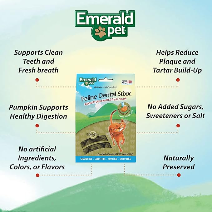 Emerald Pet Grain-Free Tuna Cat Dental Treats – Crunchy Dental Sticks for Cats to Clean Teeth, Reduce Plaque & Tartar, Freshen Breath – Pumpkin for Digestive Health, Natural Cat Chews, 3.6 oz