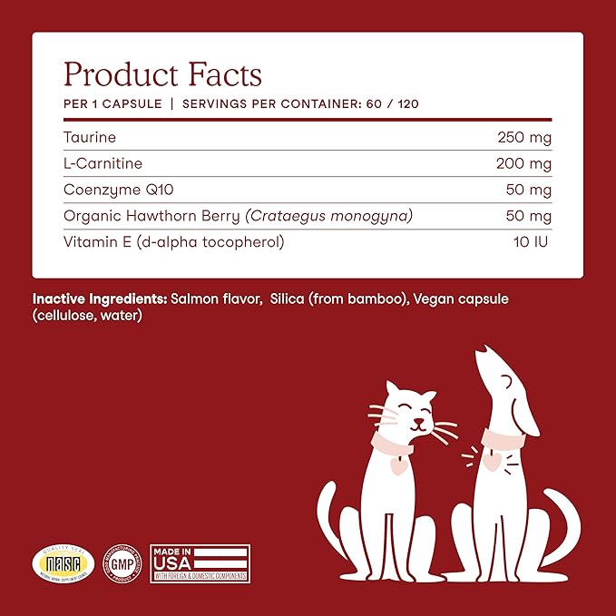 Fera Pets Cardiac Support - Cat & Dog Heart Supplement with Taurine, L-Carnitine, & CoQ10 - Promotes Normal Circulation and Heartbeat - 60 Capsules