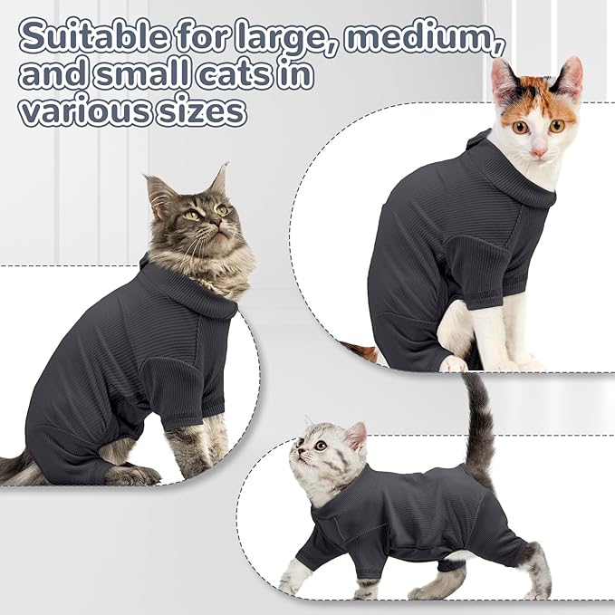 Sticky Hair Cat Clothes, Breathable & Lightweight, Reduces Shedding Fur Pajamas, Full Body Long Sleeve Surgical Bodysuit, Stop Licking & Shedding Darkgrey XL