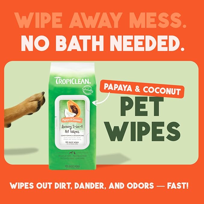 TropiClean Papaya & Coconut Luxury 2-in-1 Pet Wipes, 100ct - Wipes for Dogs & Cats - Gently Removes Dirt, Dander & Smells - for Pet Paws, Face, Body & Bottom - Tropical Papaya & Coconut Scent