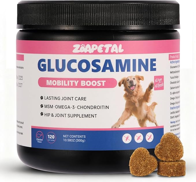 Senior Dog Hip & Joint Supplement – Chicken Flavor Soft Chews with Glucosamine, Chondroitin, MSM, Yucca & Dual Omega 3-6 – Daily Multivitamin for Mobility & Vitality – ZOAPETAL