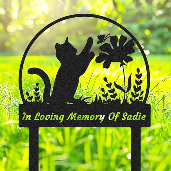 Personalized Butterfly Cat Memorial Stake Custom Flowers Cat Grave Marker, Customized Metal Cat Statue Memorial Plaque Pet Loss Gift Garden Yard Flowerpot Outdoor Home Decorations