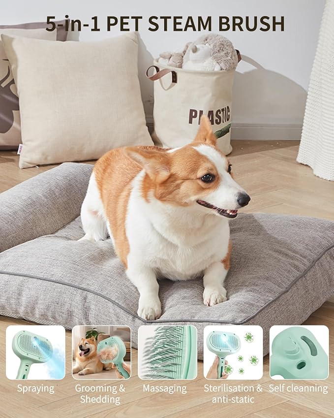 Dog Steam Brush 3 in 1 Cat Brushes with Steam, Release Button Grooming Brush for Pets Cats Dogs, Hair Removal Shedding for Small Animals Long Short Haired - Green
