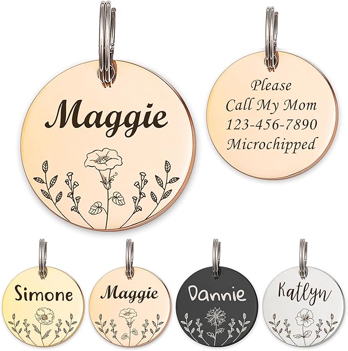 Anavia Floral Pet ID Tags, Birth Month Flowers Theme Dog Tag Round Bone Shape Cat Name Tag, Glossy Stainless Steel Gold Plated Dog Collar Tag (Round - Flower Field - Rose Gold, Large)