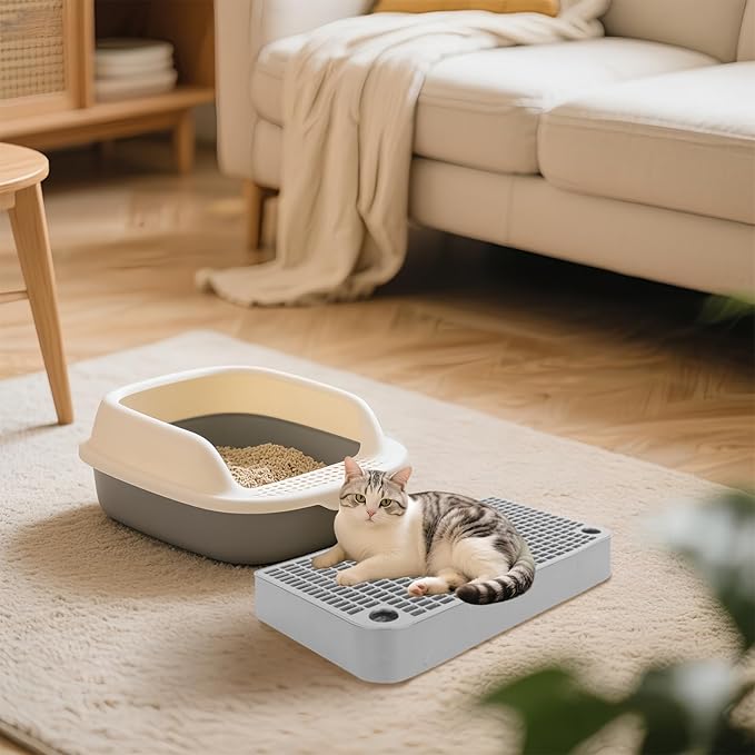 Cat Ramp Litter Box Step, Small Senior Cat Litter Box Mats Ramp for Floor with Filter Function, Low Entry Cute Cats Food Mat Stairs Prevent Tracking, Silicone Small Boxs Shield Catcher Mat Grey