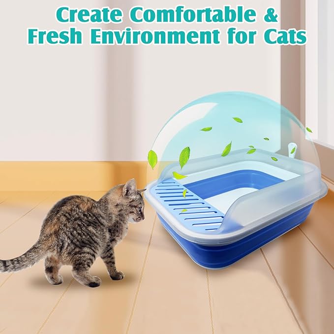 VCEPJH Collapsible Litterbox with High Sides Small Cats Litter Pan with Scoop Open Cat Litter Box Portable Travel Kittens Toilet Kitten Starter Kit for Kittens Adult Cat Elderly Cats (Blue)