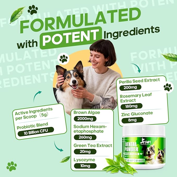 Dog Dental Powder, Dog Teeth Cleaning Powder, Natural Herbal Blend with 5 Probiotics and Lysozyme, Plaque Off Pet Tooth Cleaning, Bad Breath &Tartar Remover for Dogs & Cats, All Breeds-180g