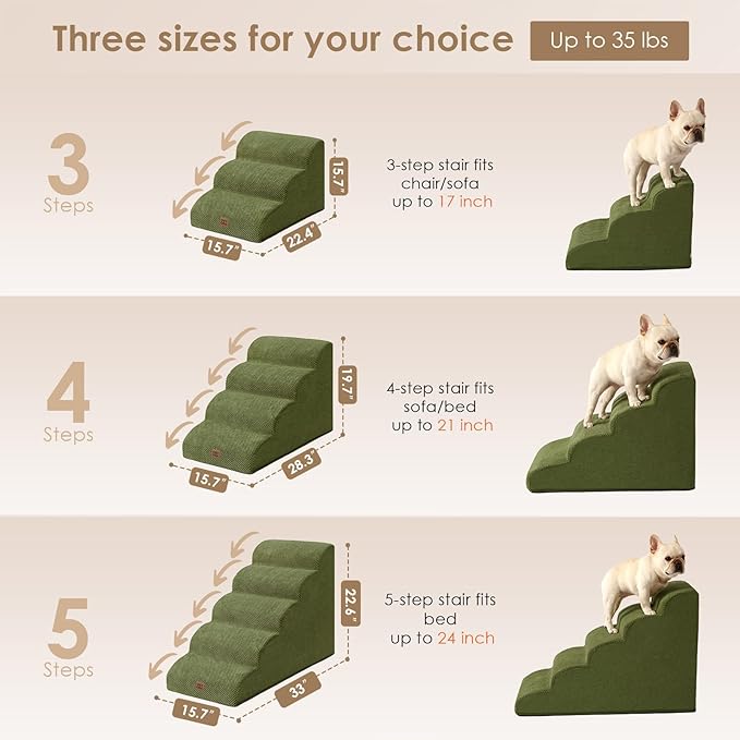EHEYCIGA Curved Dog Stairs Ramp for High Beds 22.6" H, 5-Step Dog Steps for Small Dogs and Cats, Pet Stairs for High Bed Climbing, Non-Slip Balanced Pet Step Indoor, Olive Green
