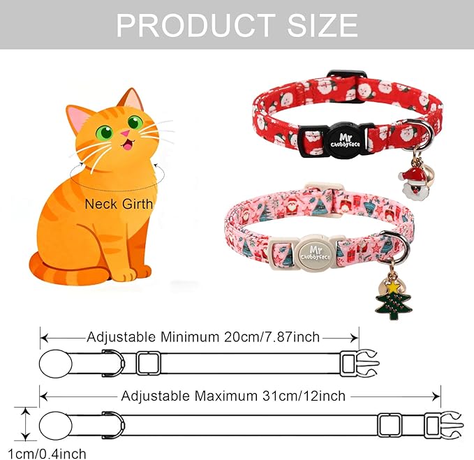 Christmas Cat Collar, 2 Pack Cute Breakaway Kitty Collar with Bell&Pendent, Soft Adjustable Christmas Pink and Red Santa Collar for Girl Boy Cats