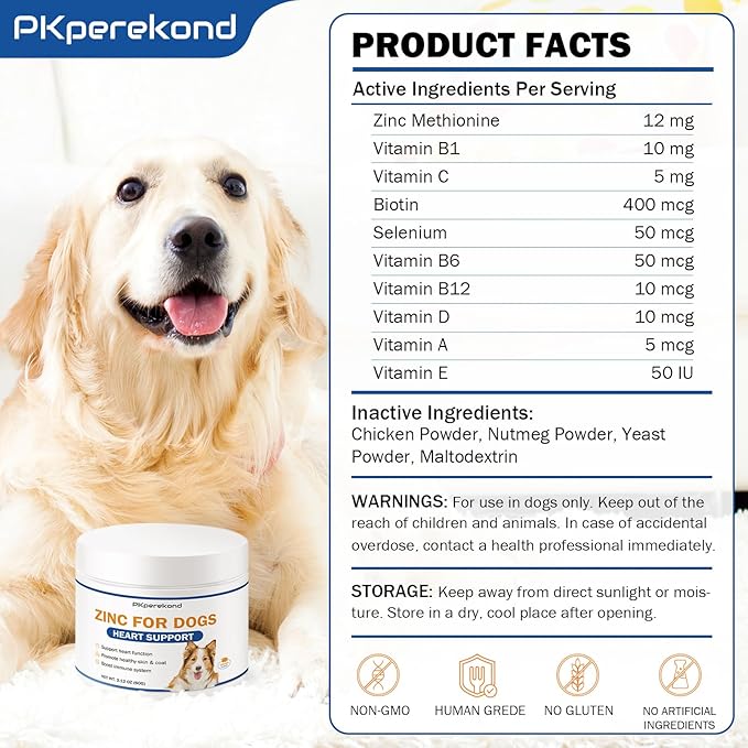 Zinc for Dogs, Heart Support Supplement for Dogs, Promote Heart Function, Healthy Skin and Coat, Strengthen Immune Function, Cellular Growth with Biotin, Selenium and Vitamins
