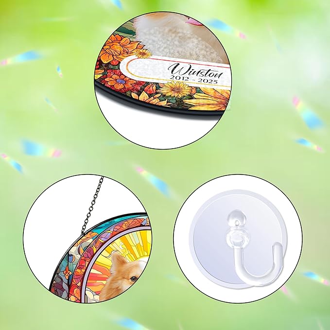 Custom Dog Portrait Art Suncatcher Stained Glass Remembrance Gift Indoor Decor Window Hanging Cat Bereavement Keepsake Loss of Pet Sympathy with Name Date Portrait Gifts